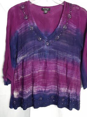 Charlie Paige Blouse One Size (L) Beaded V-Neck Pullover Peasant Hippie 3/4 Slv
